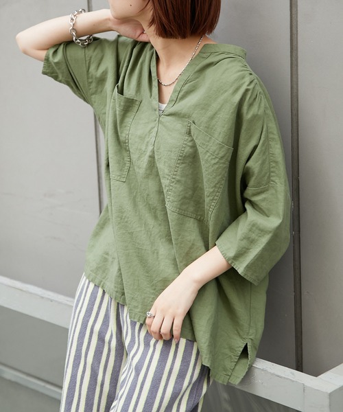 CIAOPANIC TYPY（チャオパニックティピー）の「【OSORO】リネンレーヨンスキッパーシャツ（シャツ/ブラウス・レディース・チャコールグレー/ブラウン/イエロー/オレンジ/グリーン/アイボリー・ONE SIZE）」の4枚目の写真