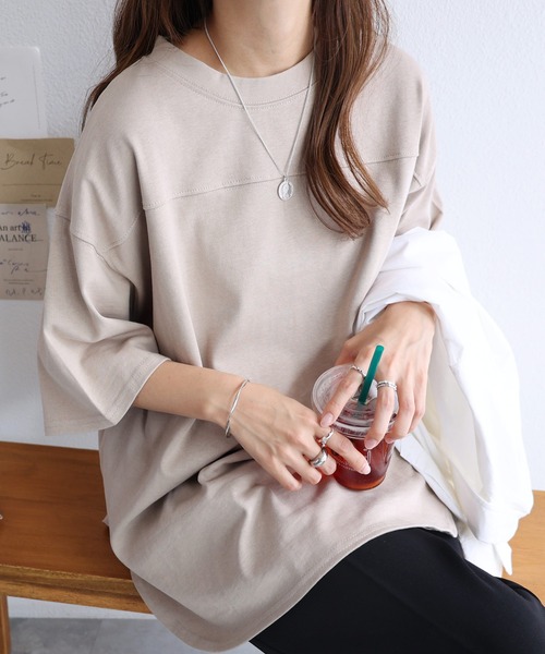 andme(アンドミー)の「USAコットン半袖フットボール裾ラウンドTシャツ(Tシャツ/カットソー・レディース・ブラック/オフホワイト/チャコールグレー/グレー系その他/ミント・M)」の1枚目の写真