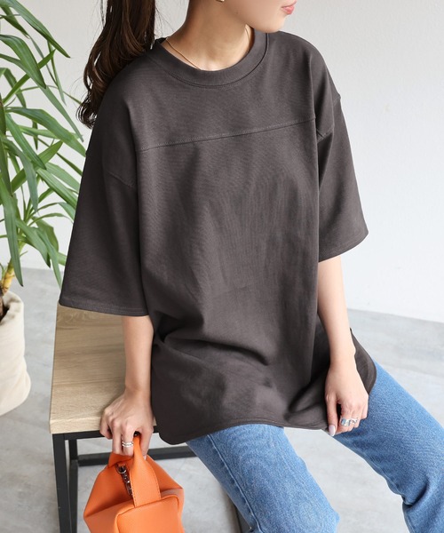 andme(アンドミー)の「USAコットン半袖フットボール裾ラウンドTシャツ(Tシャツ/カットソー・レディース・ブラック/オフホワイト/チャコールグレー/グレー系その他/ミント・M)」の4枚目の写真