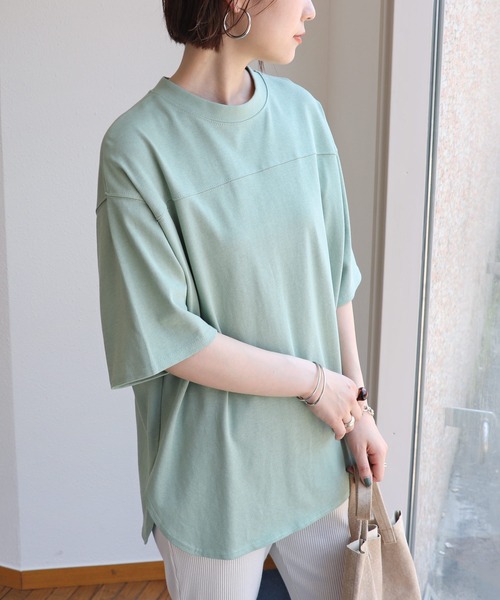 andme(アンドミー)の「USAコットン半袖フットボール裾ラウンドTシャツ(Tシャツ/カットソー・レディース・ブラック/オフホワイト/チャコールグレー/グレー系その他/ミント・M)」の5枚目の写真