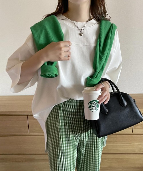 andme(アンドミー)の「USAコットン半袖フットボール裾ラウンドTシャツ(Tシャツ/カットソー・レディース・ブラック/オフホワイト/チャコールグレー/グレー系その他/ミント・M)」の7枚目の写真