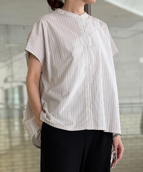 nicholson and nicholson（ニコルソンアンドニコルソン）の「【nicholson and nicholson】フレンチスリーブ ドローストリングブラウス STRIPE WOMEN（シャツ/ブラウス・レディース・ブルー系その他5/ホワイト系その他・38）」の2枚目の写真