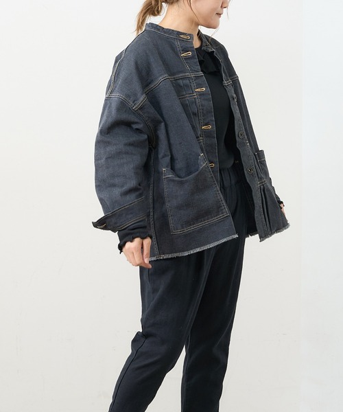 PUAL CE CIN（ピュアルセシン）の「オーガニックデニムジャケット（デニムジャケット・レディース・インディゴブルー/ナチュラル/ブラック/グレー・FREE）」の2枚目の写真