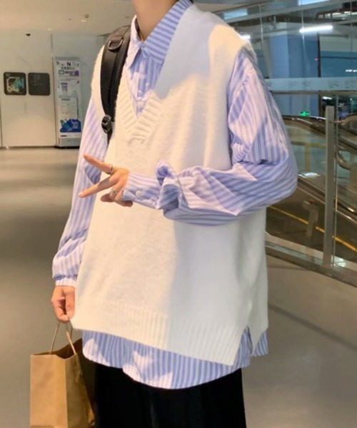 NOWLE（ノウル）の「【NOWLE】ディープ Vネック ニットベスト（ベスト・メンズ・ホワイト/ブラック/グレー・MEDIUM/LARGE/X-LARGE/XX-LARGE）」の7枚目の写真