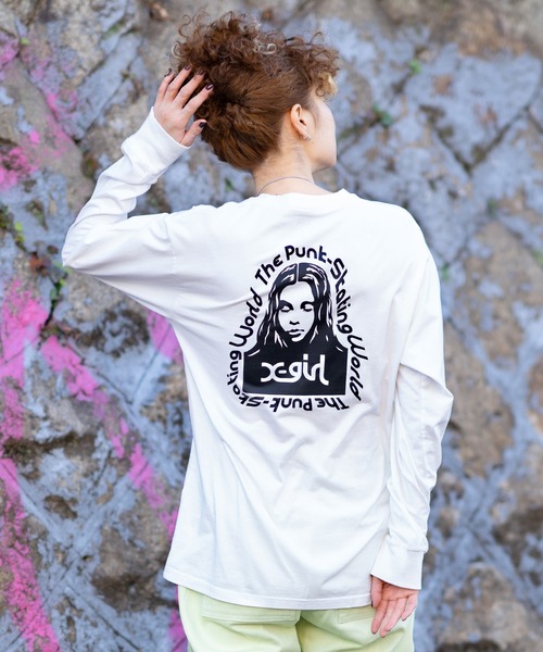X-girl（エックスガール）の「MESSAGE FACE L/S TEE（Tシャツ/カットソー・レディース・ホワイト/ブラック/ピンク/ライトグリーン・S/M/L/XL）」の2枚目の写真
