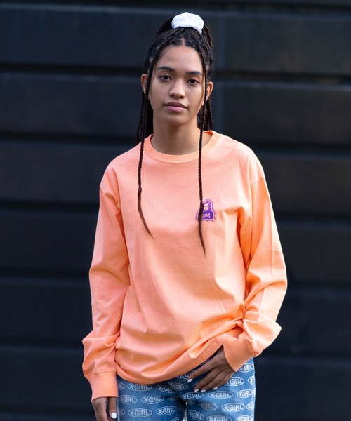 X-girl（エックスガール）の「MESSAGE FACE L/S TEE（Tシャツ/カットソー・レディース・ホワイト/ブラック/ピンク/ライトグリーン・S/M/L/XL）」の5枚目の写真