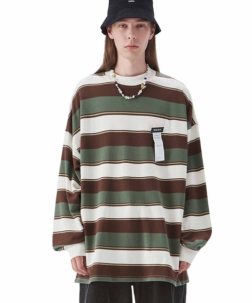 INFLATION(インフレーション)の「INFLATION(インフレーション)ボーダーロングTシャツ(Tシャツ/カットソー・メンズ・ブラック/カーキ・S/M/L/XL)」の1枚目の写真