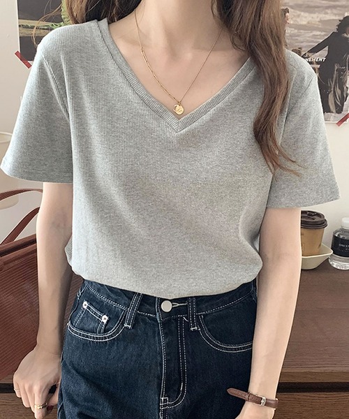 Primazel(プリマゼル)の「Vネック細リブ半袖トップス(Tシャツ/カットソー・レディース・ホワイト/ブラック/グレー・M)」の3枚目の写真