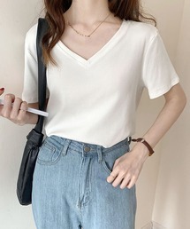 Primazel | Vネック細リブ半袖トップス(Tシャツ/カットソー)