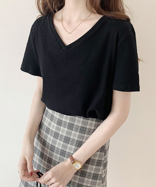 Primazel(プリマゼル)の「Vネック細リブ半袖トップス(Tシャツ/カットソー・レディース・ホワイト/ブラック/グレー・M)」の2枚目の写真