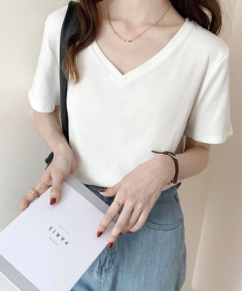 Primazel(プリマゼル)の「Vネック細リブ半袖トップス(Tシャツ/カットソー・レディース・ホワイト/ブラック/グレー・M)」の4枚目の写真