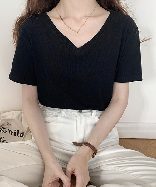 Primazel(プリマゼル)の「Vネック細リブ半袖トップス(Tシャツ/カットソー・レディース・ホワイト/ブラック/グレー・M)」の7枚目の写真
