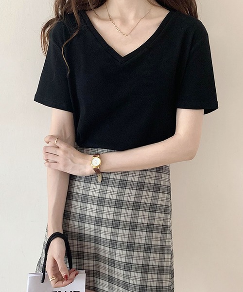 Primazel(プリマゼル)の「Vネック細リブ半袖トップス(Tシャツ/カットソー・レディース・ホワイト/ブラック/グレー・M)」の8枚目の写真