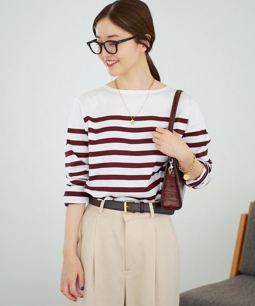 IENA（イエナ）の「SUVIN COTTON ボーダーコンパクトプルオーバー（Tシャツ/カットソー・レディース・ボルドー/ブラックミックス/ブラック系その他・FREE）」の13枚目の写真