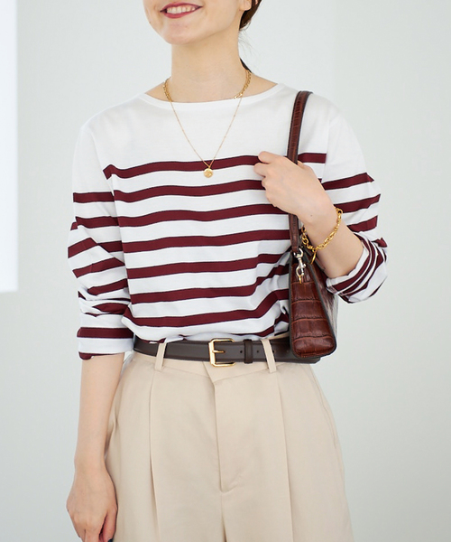 IENA（イエナ）の「SUVIN COTTON ボーダーコンパクトプルオーバー（Tシャツ/カットソー・レディース・ボルドー/ブラックミックス/ブラック系その他・FREE）」の6枚目の写真