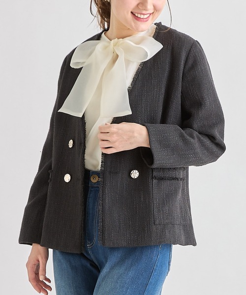 tocco closet（トッコ　クローゼット）の「ポケット付きフリンジツイードノーカラージャケット（ノーカラージャケット・レディース・ブラック/サックスブルー/アイボリー・M）」の3枚目の写真