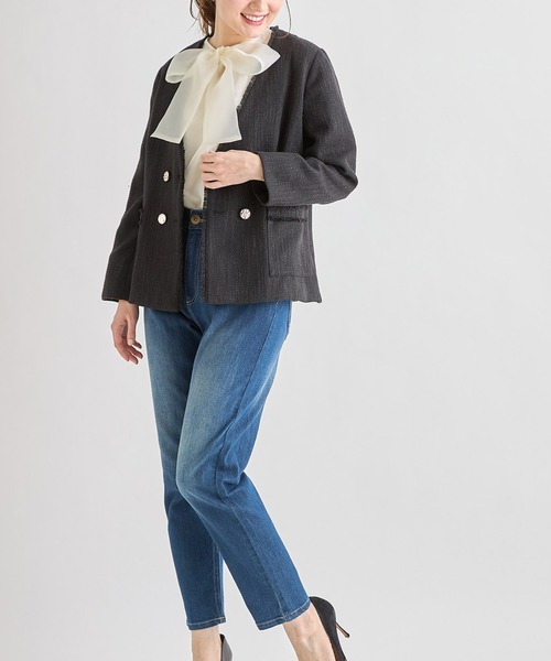 tocco closet（トッコ　クローゼット）の「ポケット付きフリンジツイードノーカラージャケット（ノーカラージャケット・レディース・ブラック/サックスブルー/アイボリー・M）」の16枚目の写真