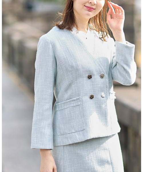 tocco closet（トッコ　クローゼット）の「ポケット付きフリンジツイードノーカラージャケット（ノーカラージャケット・レディース・ブラック/サックスブルー/アイボリー・M）」の14枚目の写真