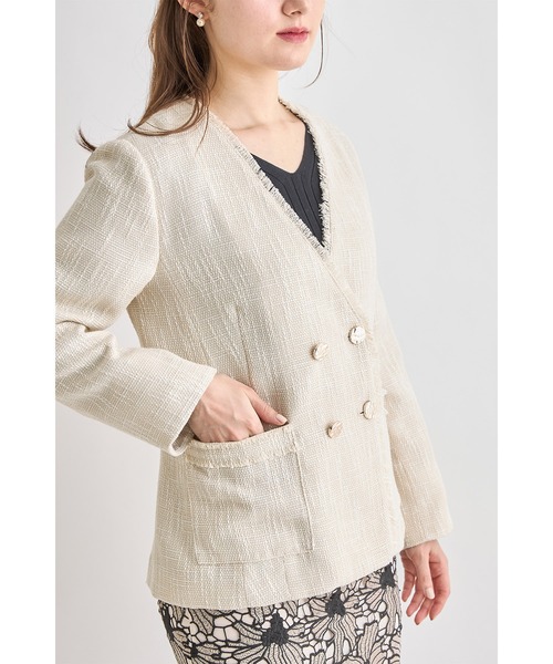 tocco closet（トッコ　クローゼット）の「ポケット付きフリンジツイードノーカラージャケット（ノーカラージャケット・レディース・ブラック/サックスブルー/アイボリー・M）」の13枚目の写真