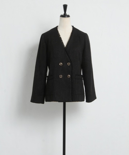 tocco closet（トッコ　クローゼット）の「ポケット付きフリンジツイードノーカラージャケット（ノーカラージャケット・レディース・ブラック/サックスブルー/アイボリー・M）」の11枚目の写真