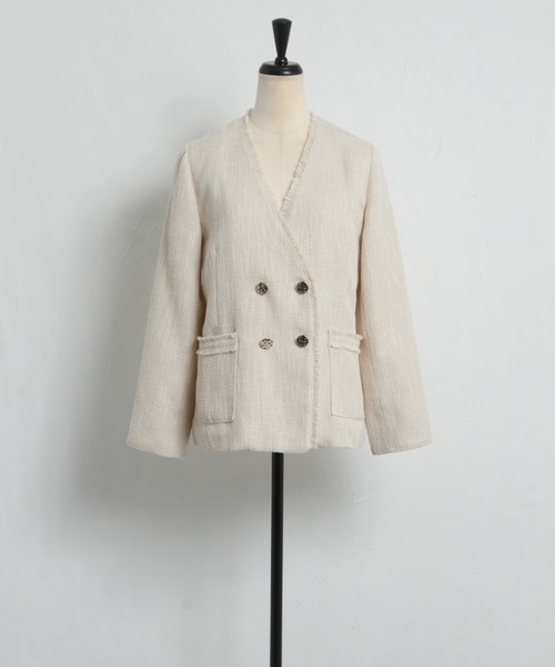 tocco closet（トッコ　クローゼット）の「ポケット付きフリンジツイードノーカラージャケット（ノーカラージャケット・レディース・ブラック/サックスブルー/アイボリー・M）」の17枚目の写真