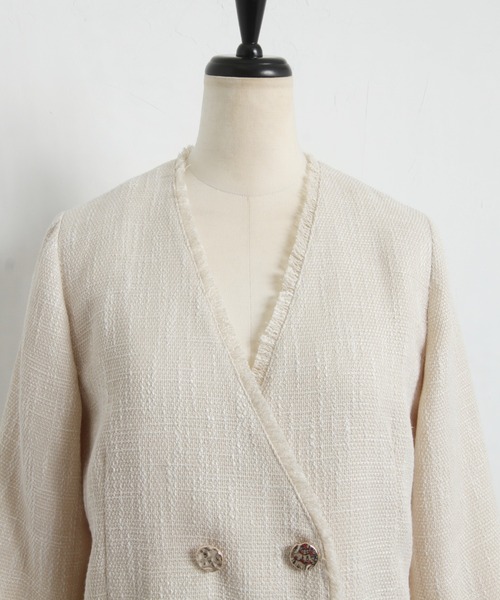 tocco closet（トッコ　クローゼット）の「ポケット付きフリンジツイードノーカラージャケット（ノーカラージャケット・レディース・ブラック/サックスブルー/アイボリー・M）」の6枚目の写真