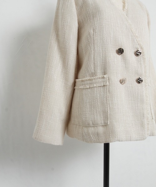 tocco closet（トッコ　クローゼット）の「ポケット付きフリンジツイードノーカラージャケット（ノーカラージャケット・レディース・ブラック/サックスブルー/アイボリー・M）」の12枚目の写真
