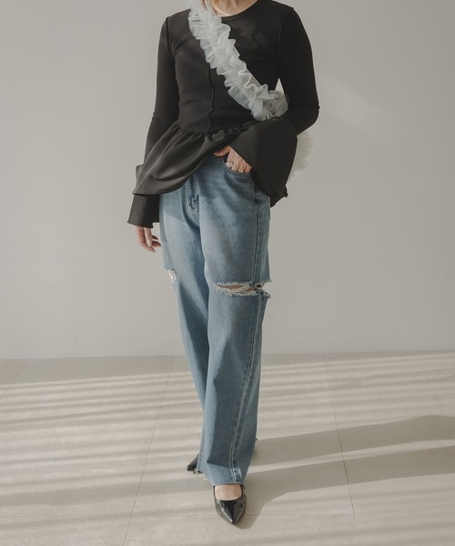 レディースデニムパンツ✦ボーイッシュ✦年中使えるカジュアルコーデ X-girl（エックスガール）の「CHEMICAL WASH DENIM EASY PANTS