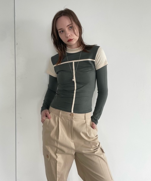 Didot.showroom（ディドット ショールーム）の「レイヤードボトルネックラインT（Tシャツ/カットソー・レディース・カーキ/チャコール/ホワイト・FREE）」の19枚目の写真