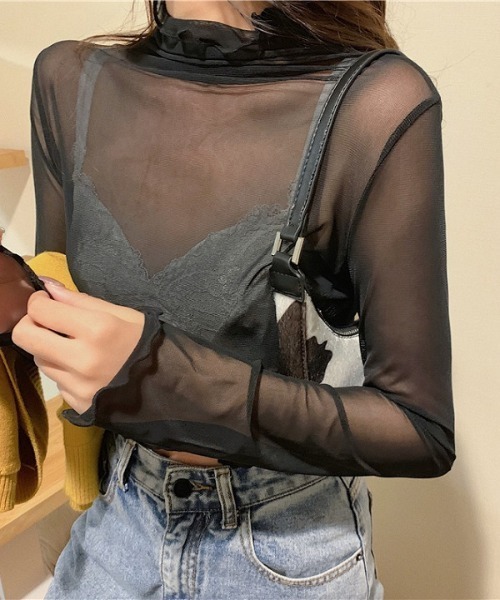 H.TOKYO(エイチトウキョウ)の「メロウフリルシアーハイネックインナーカットソー(Tシャツ/カットソー・レディース・オレンジ/ラベンダー/ベージュ/グリーン/ホワイト/ブラック/ピンク・FREE)」の3枚目の写真