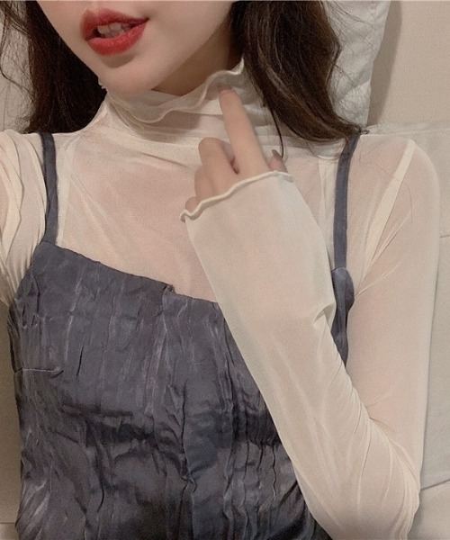H.TOKYO(エイチトウキョウ)の「メロウフリルシアーハイネックインナーカットソー(Tシャツ/カットソー・レディース・オレンジ/ラベンダー/ベージュ/グリーン/ホワイト/ブラック/ピンク・FREE)」の8枚目の写真