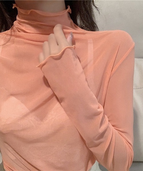 H.TOKYO(エイチトウキョウ)の「メロウフリルシアーハイネックインナーカットソー(Tシャツ/カットソー・レディース・オレンジ/ラベンダー/ベージュ/グリーン/ホワイト/ブラック/ピンク・FREE)」の10枚目の写真