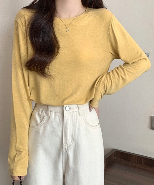 Dewlily(デューリリー)の「ラウンドネック長袖Tシャツ(Tシャツ/カットソー・レディース・ベージュ/ホワイト/ブラック/パープル/グレー/モカ/イエロー・FREE)」の7枚目の写真