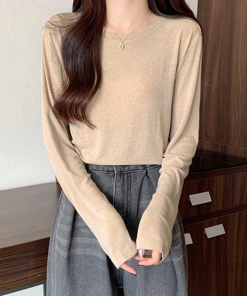 Dewlily(デューリリー)の「ラウンドネック長袖Tシャツ(Tシャツ/カットソー・レディース・ベージュ/ホワイト/ブラック/パープル/グレー/モカ/イエロー・FREE)」の11枚目の写真