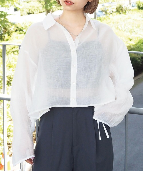 tiptop(ティップトップ)の「シアー袖ドロストショート丈シャツ(シャツ/ブラウス・レディース・ブラック/オフホワイト/ピンク/イエロー/ブルー/ブルー系その他/ブラック系その他・FREE)」の11枚目の写真