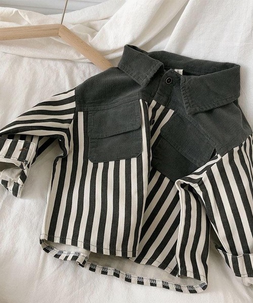 CERCA(チェルカ)の「lulunoix/ストライプシャツ N15141(シャツ/ブラウス・キッズ・カーキ/グレー・80cm/110cm/120cm/90㎝/100cm/130cm)」の1枚目の写真