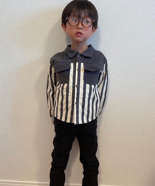 CERCA(チェルカ)の「lulunoix/ストライプシャツ N15141(シャツ/ブラウス・キッズ・カーキ/グレー・80cm/110cm/120cm/90㎝/100cm/130cm)」の4枚目の写真