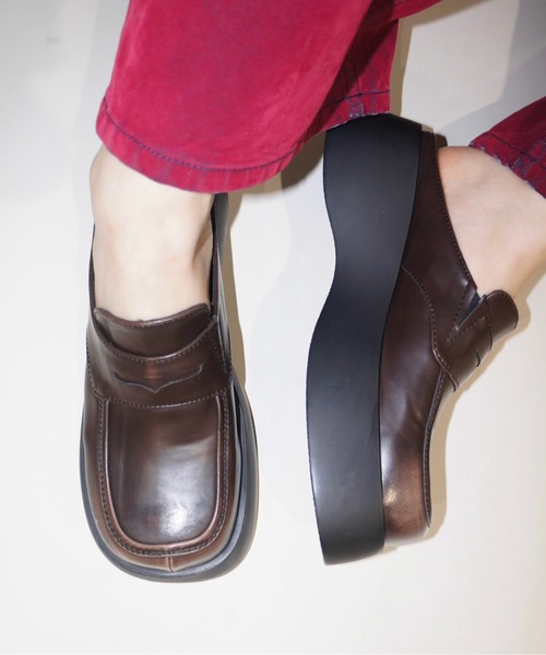 【美品】musubore レザー プラットフォームソール ローファー select 】platform mule loafer / ミュールローファー