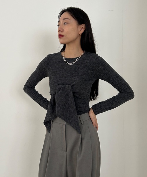 Didot.showroom（ディドット ショールーム）の「リブニットリボンT（ニット/セーター・レディース・アイボリー/チャコール/カーキ・FREE）」の2枚目の写真