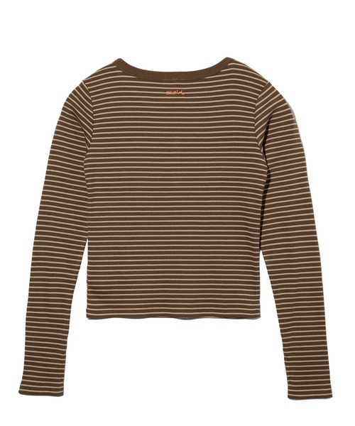 X-girl（エックスガール）の「STRIPED FITTED TOP（Tシャツ/カットソー・レディース・ブラウン/グリーン/ブラック・M/S）」の5枚目の写真