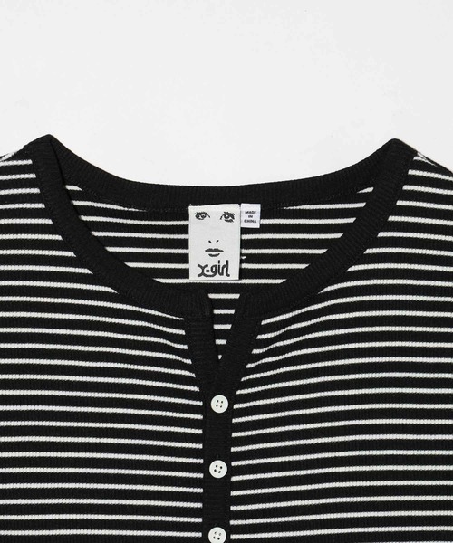 X-girl（エックスガール）の「STRIPED FITTED TOP（Tシャツ/カットソー・レディース・ブラウン/グリーン/ブラック・M/S）」の7枚目の写真