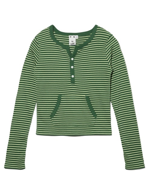 X-girl（エックスガール）の「STRIPED FITTED TOP（Tシャツ/カットソー・レディース・ブラウン/グリーン/ブラック・M/S）」の13枚目の写真