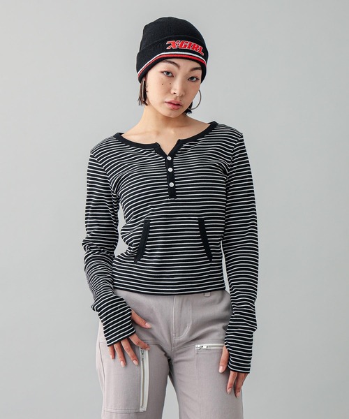 X-girl（エックスガール）の「STRIPED FITTED TOP（Tシャツ/カットソー・レディース・ブラウン/グリーン/ブラック・M/S）」の22枚目の写真