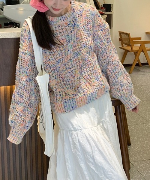 マルチカラーローゲージニットトップス ハンドニット　着画　春ニット Vintage red × multi color bijou knit tops ( ヴィンテージ