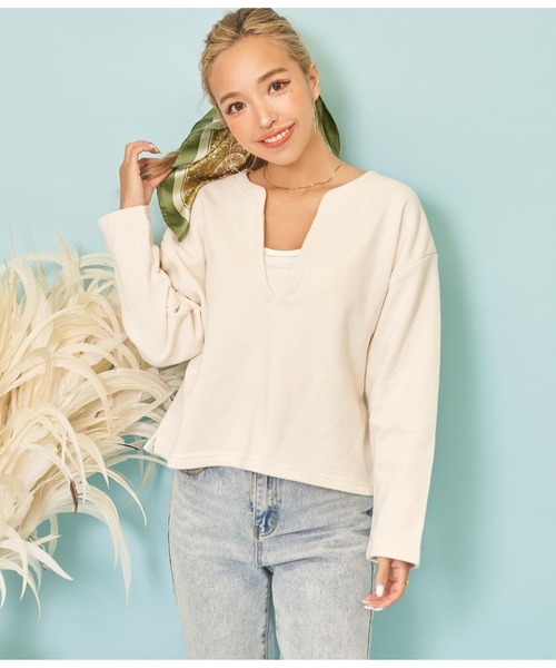 anap mimpi（アナップミンピ）の「キーネック 裏毛 スウェット クロップド トレーナー（スウェット・レディース・ベージュ系その他/グレー/オレンジ・FREE）」の14枚目の写真