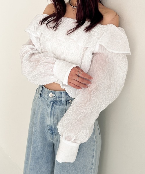 Heather(ヘザー)の「エンボスオフショルブラウス 111451(シャツ/ブラウス・レディース・ホワイト/ブラック/イエロー・FREE)」の1枚目の写真