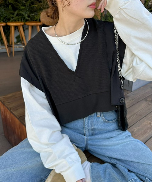 etsinta（エシンタ）の「【etsinta/エシンタ】リメイクワッフルクロップドベスト（ベスト・レディース・グレー/オフホワイト/ブラック・ONE SIZE）」の3枚目の写真