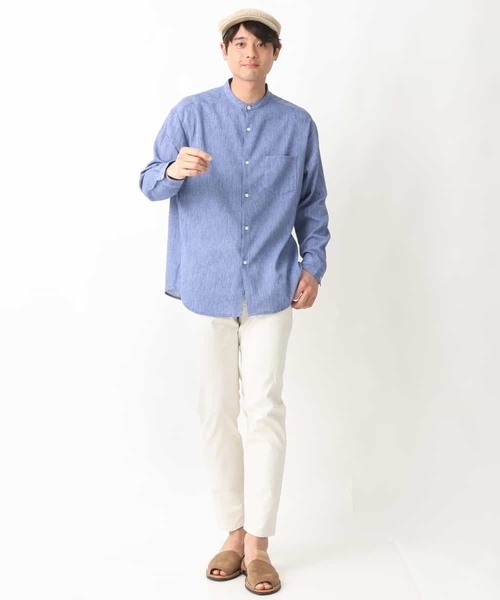 a.v.v(アーヴェヴェ)の「【リネン混】ワッシャーセミワイドバンドカラーシャツ(シャツ/ブラウス・メンズ・ブルー/ライトイエロー・48/46)」の3枚目の写真