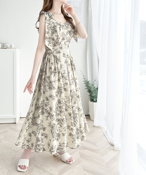 【KAREN MILLEN】花柄 レース刺繍 リボンミディワンピース レースフラワープリントミディワンピース｜ピンクハウス
