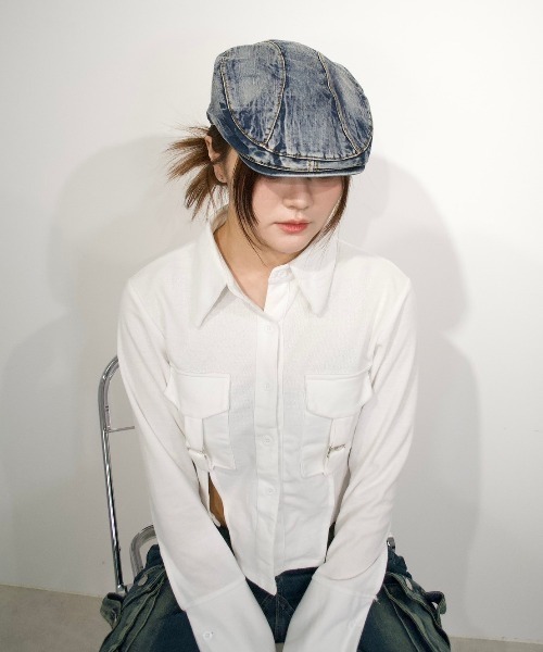 XU(エックスユー)の「ストリートファッション XU エックスユー denim punching cap 2 デニムキャップ ハンチング帽 ブリーチデニムキャップ グランジ風キャップ 韓国ファッション Y2Kファッション(ハンチング/ベレー帽・メンズ・ブルー・ONE SIZE)」の5枚目の写真